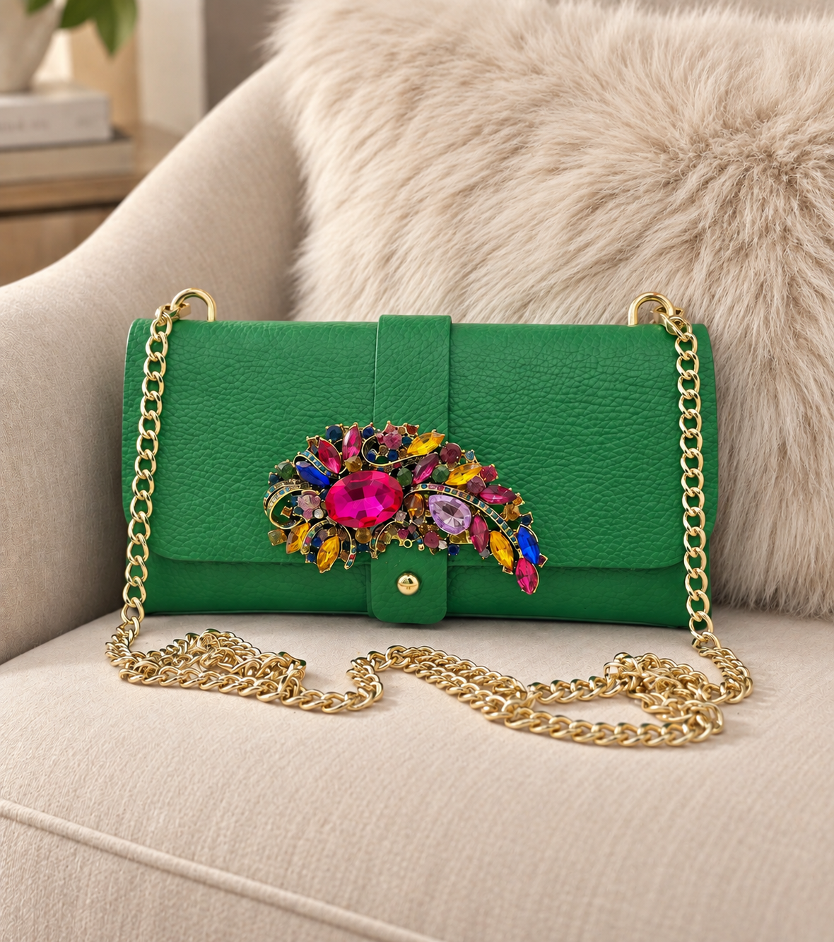 Clutch - Green Italian Leather with Rhinestones