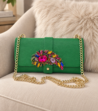 Clutch - Green Italian Leather with Rhinestones