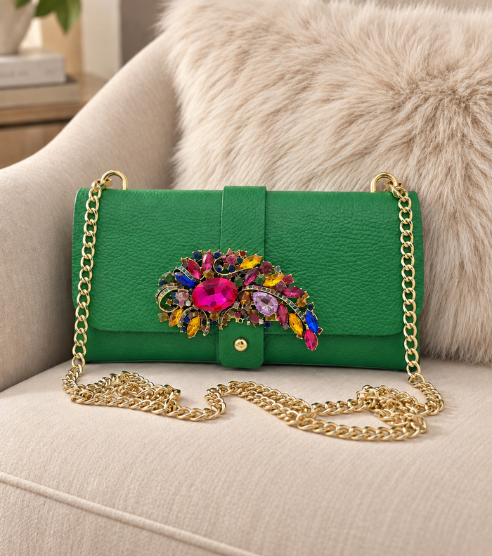Clutch - Green Italian Leather with Rhinestones