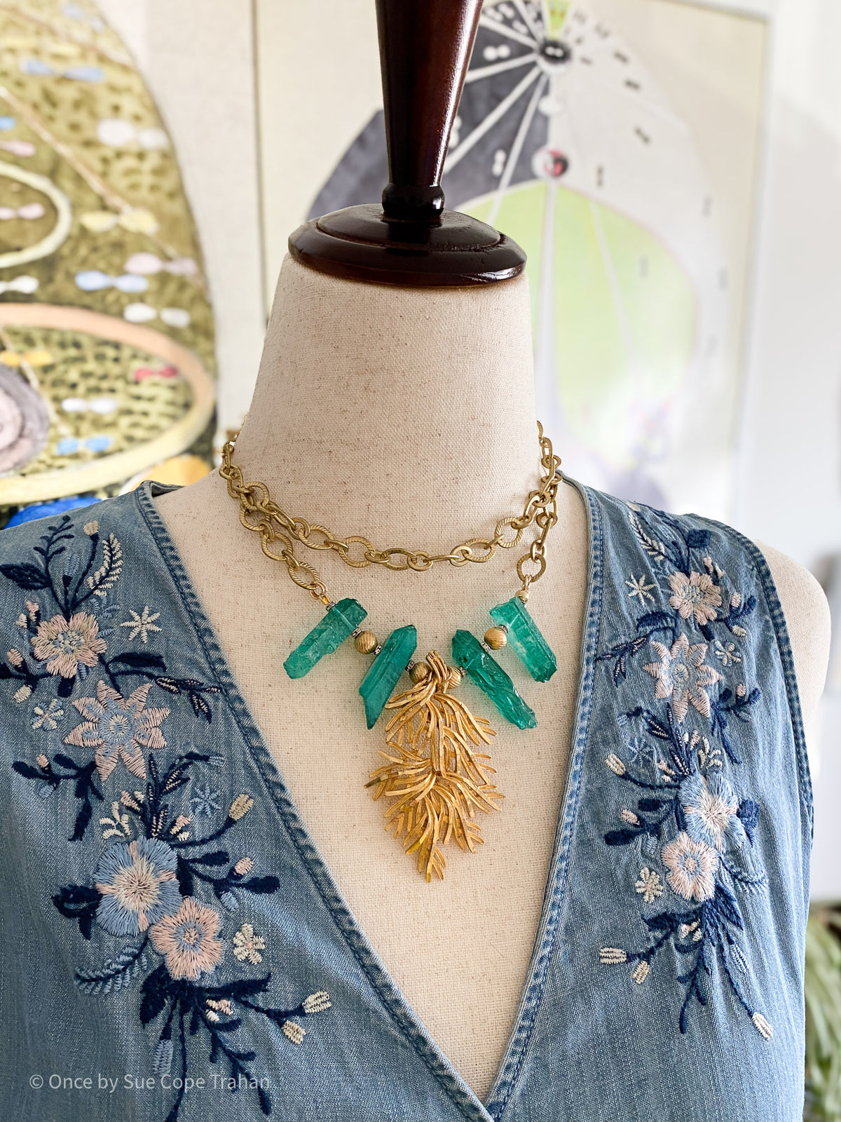 50's Brooch Raw Teal Crystals