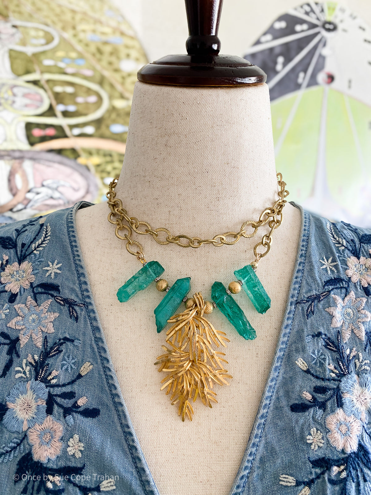 50's Brooch Raw Teal Crystals