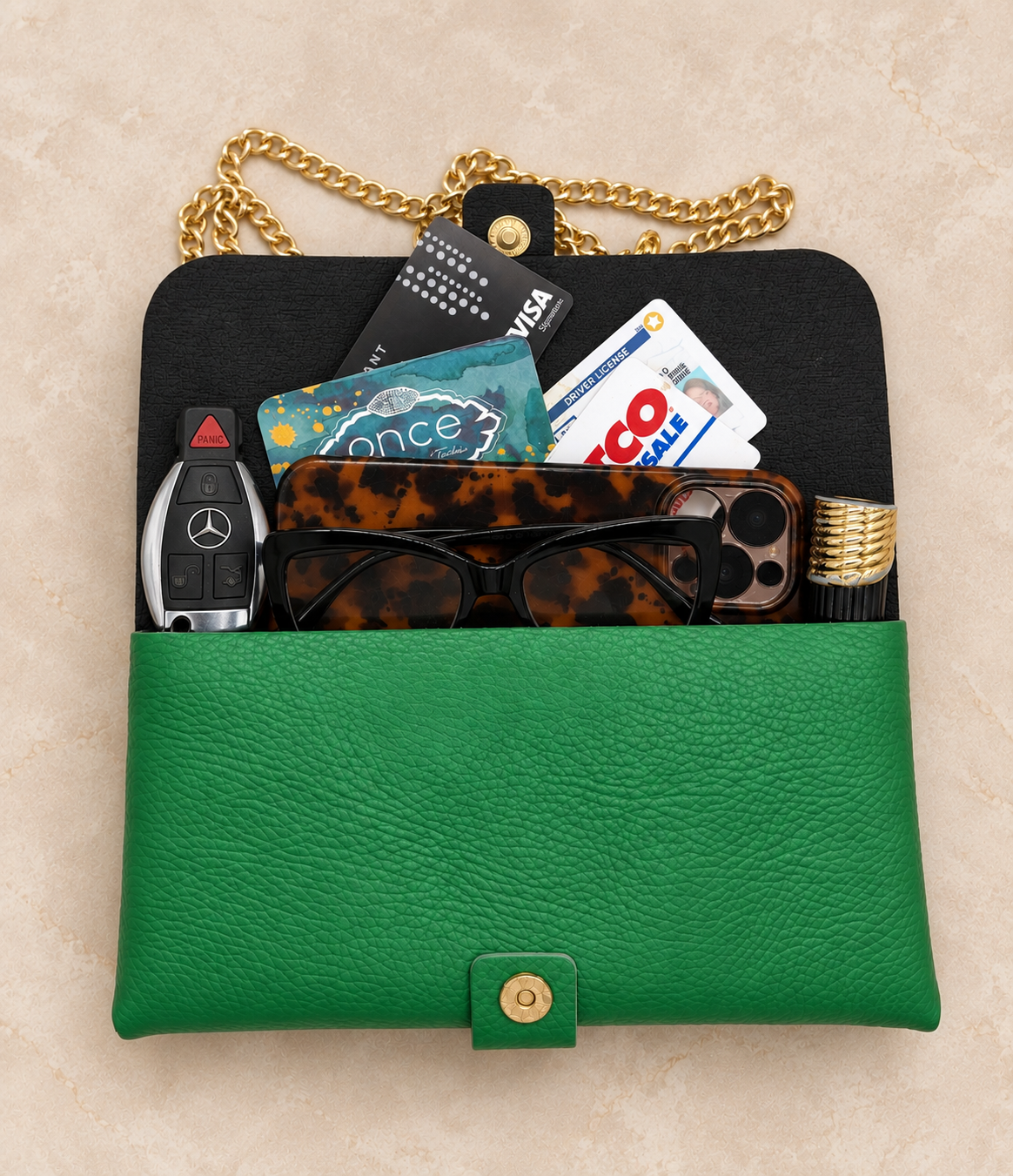 Clutch - Green Italian Leather with Rhinestones