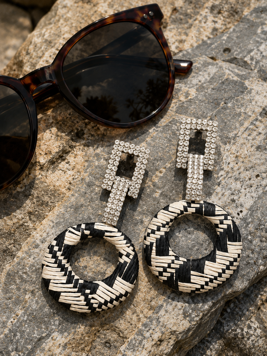 Black cream rhinestone earrings