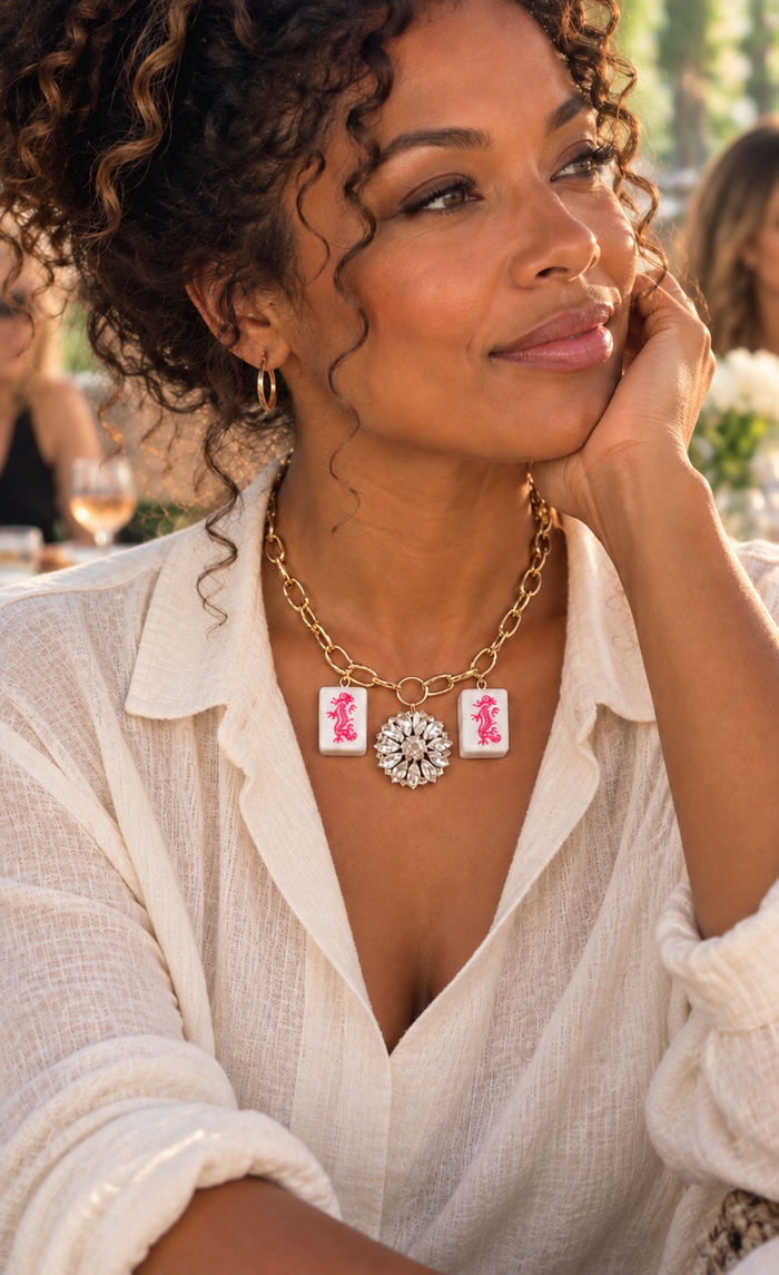 Mahjong Necklace - Pink Dragon Duos