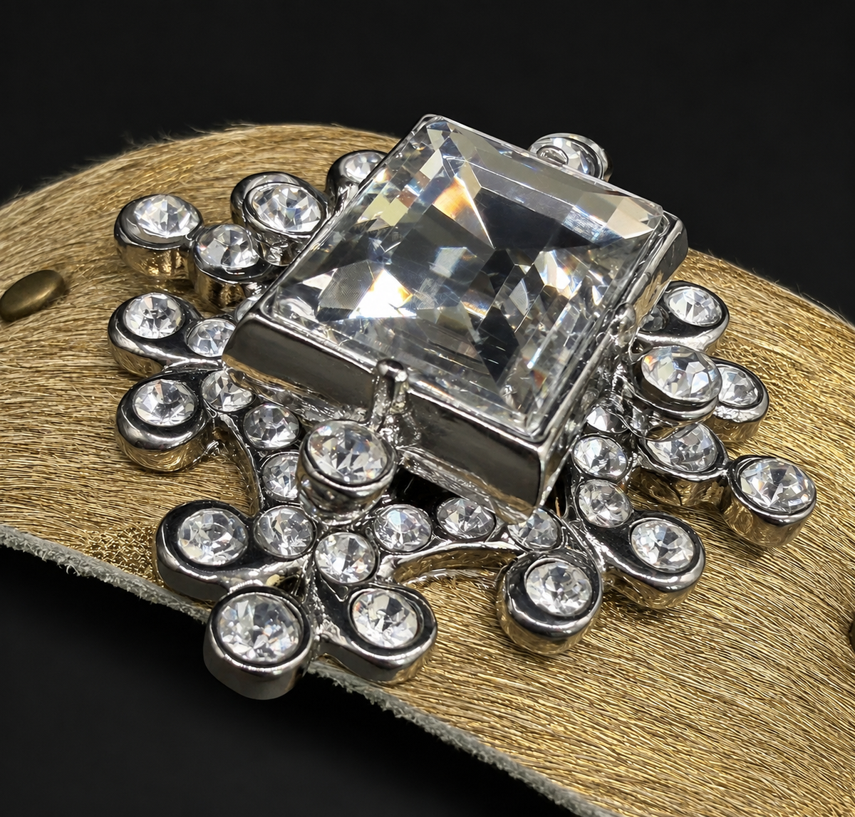 Rhinestone Cowhide Leather Cuff - Gold