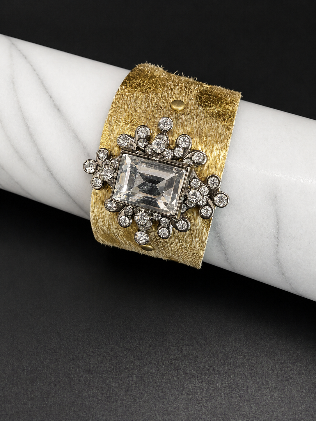 Rhinestone Cowhide Leather Cuff - Gold