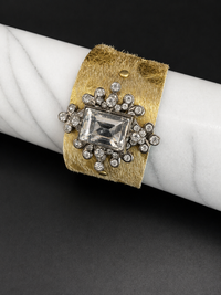 Rhinestone Cowhide Leather Cuff - Gold
