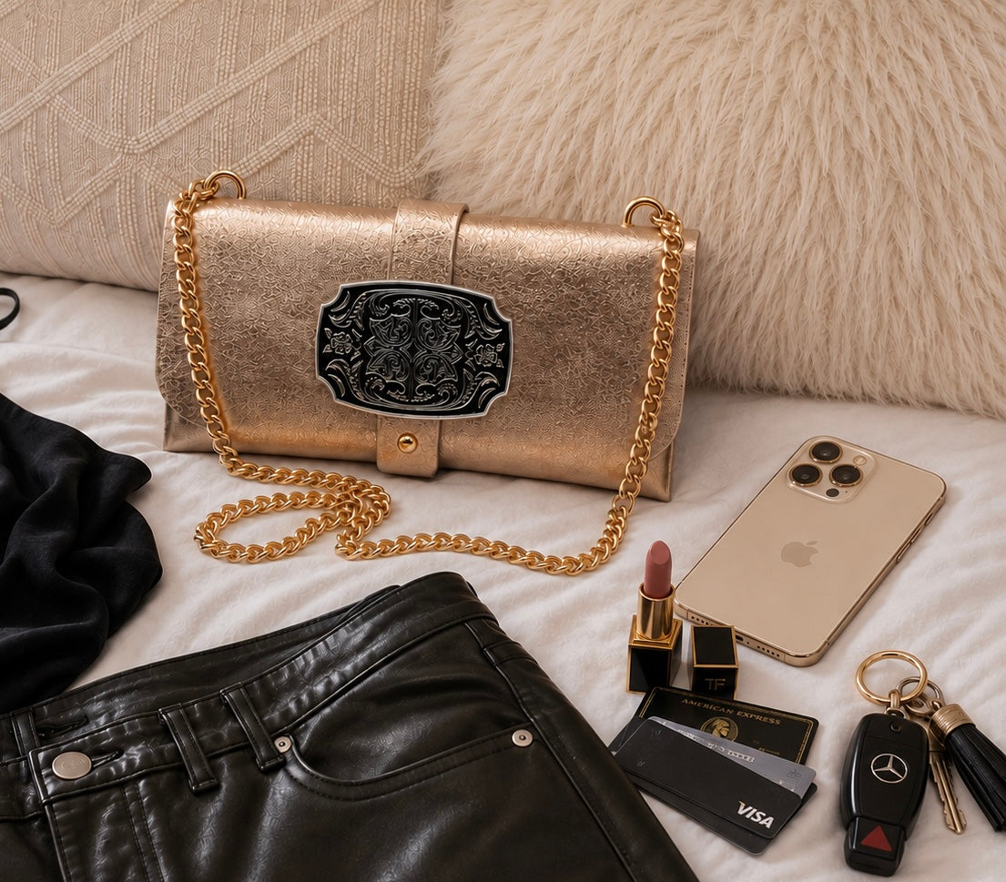 Filigree Buckle Clutch - Bronze