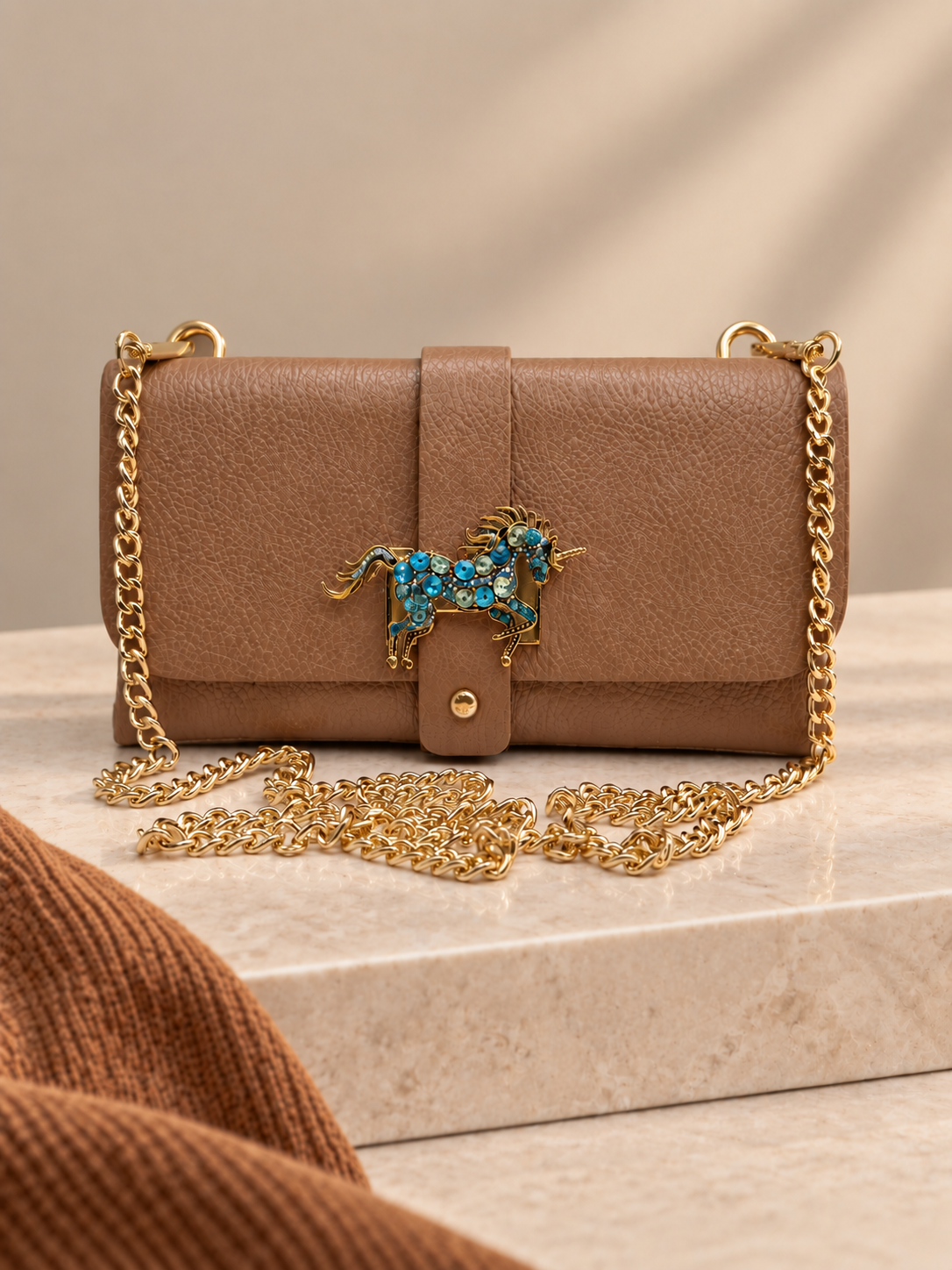 Leather Clutch - Unicorn Brooch Accent