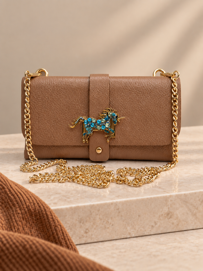 Leather Clutch - Unicorn Brooch Accent