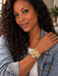 Cuff Bracelet - Golden Floral & Pearl