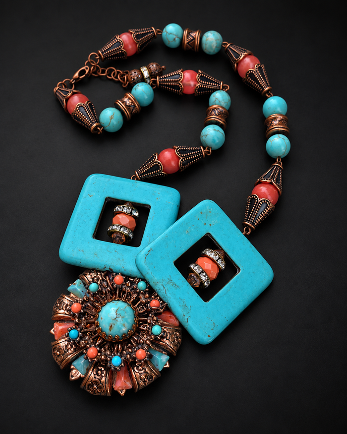 Medallion Necklace - Turquoise & Coral