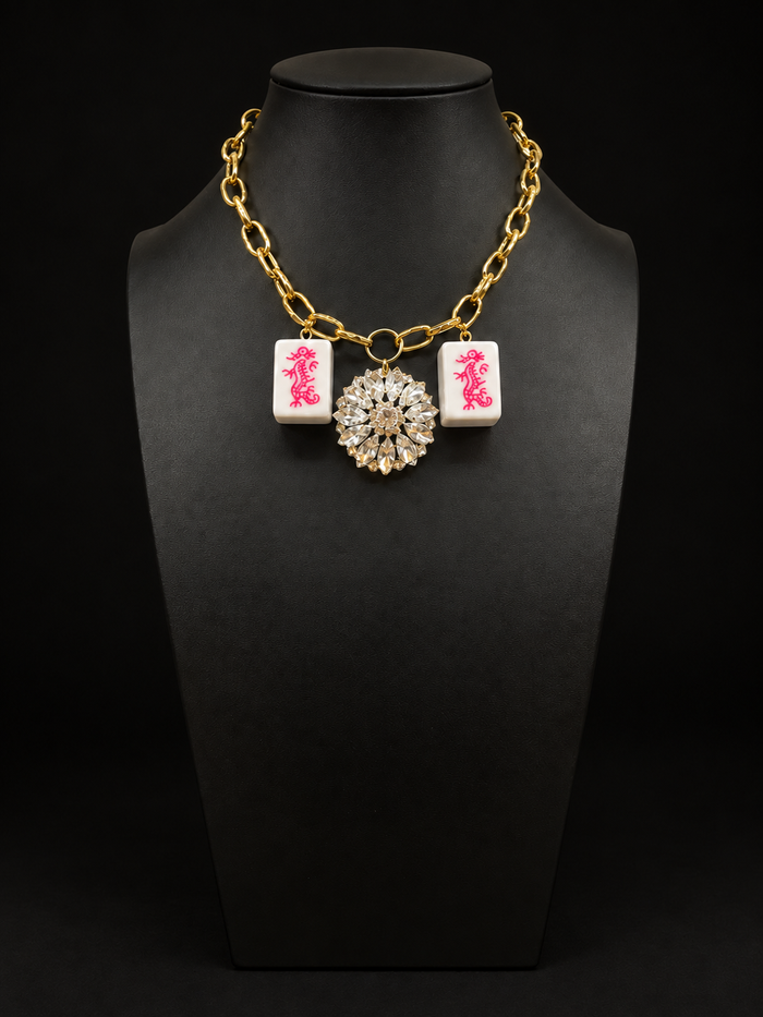 Mahjong Necklace - Pink Dragon Duos