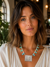 Shoe Buckle Necklace - Rhinestone & Turquoise