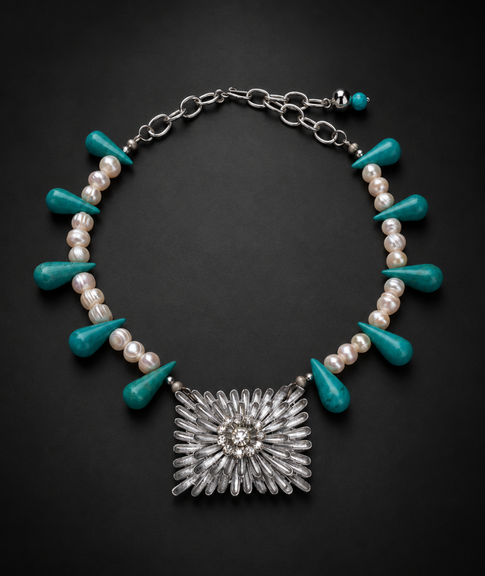 Shoe Buckle Necklace - Rhinestone & Turquoise