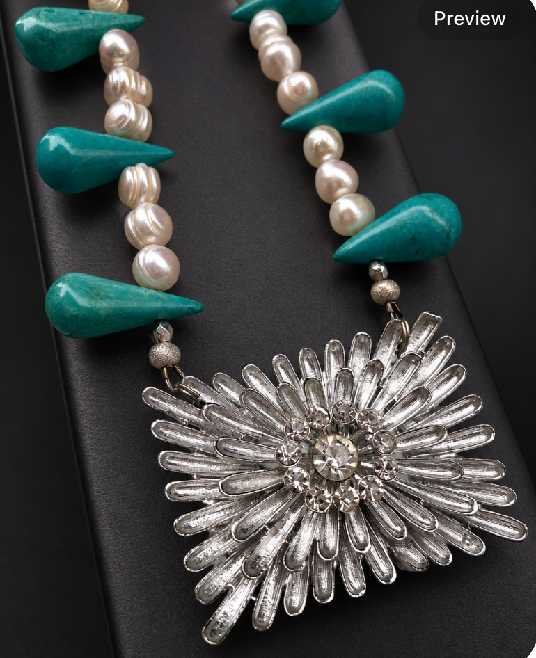 Shoe Buckle Necklace - Rhinestone & Turquoise