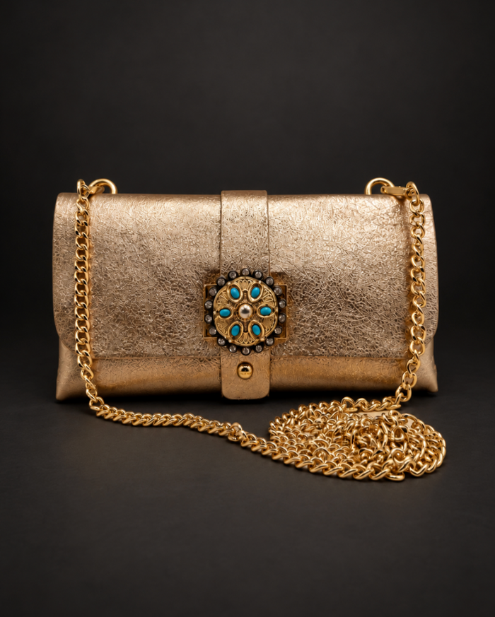 Leather Clutch - Turquoise Brooch Accent