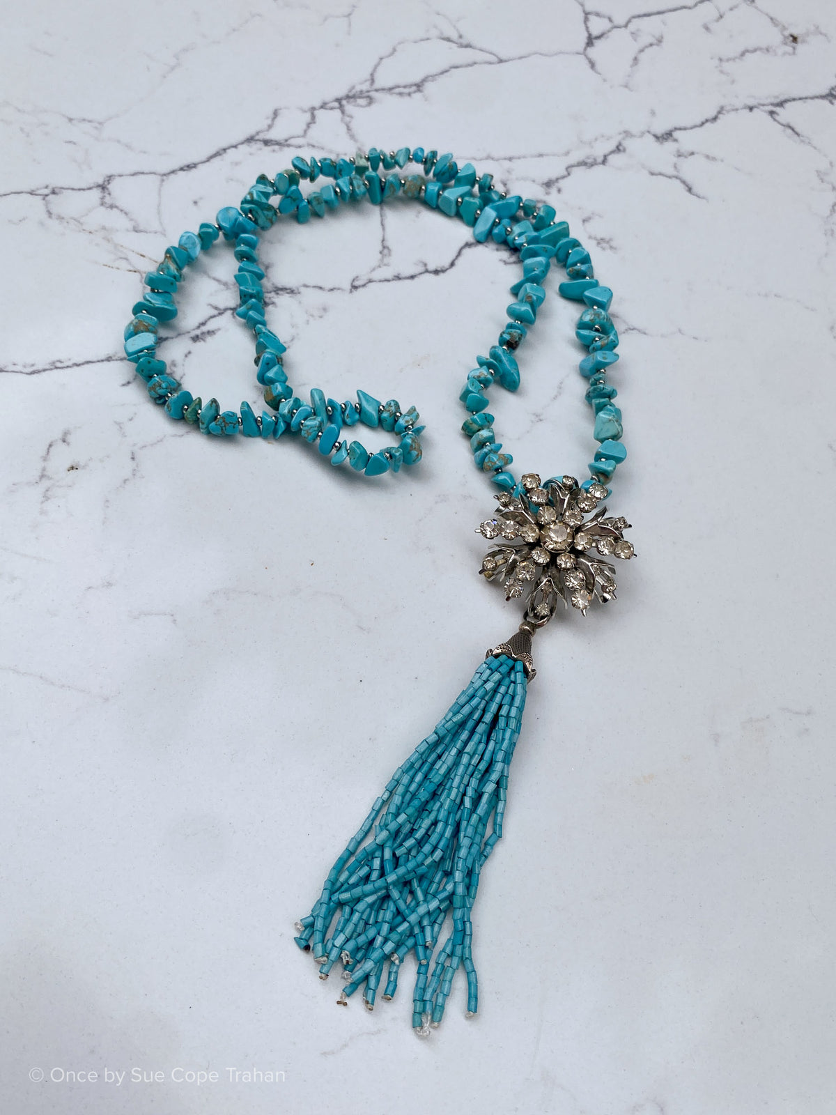 Turquoise Tassel with Crystal Brooch