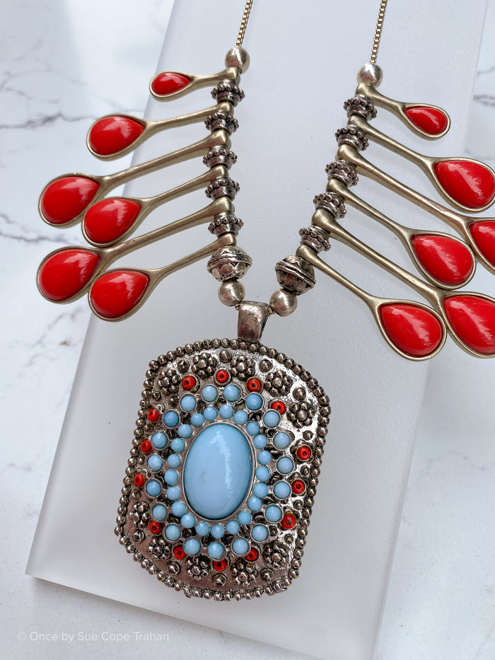 Turquoise Necklace With Orange Coral