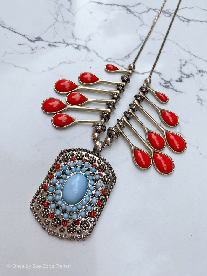 Turquoise Necklace With Orange Coral