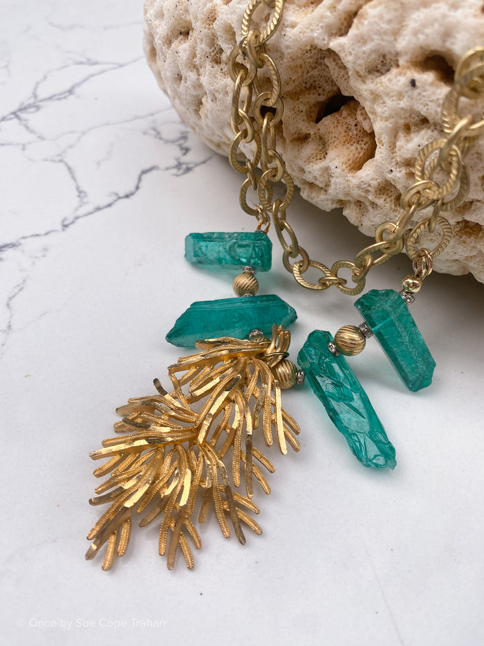 50's Brooch Raw Teal Crystals
