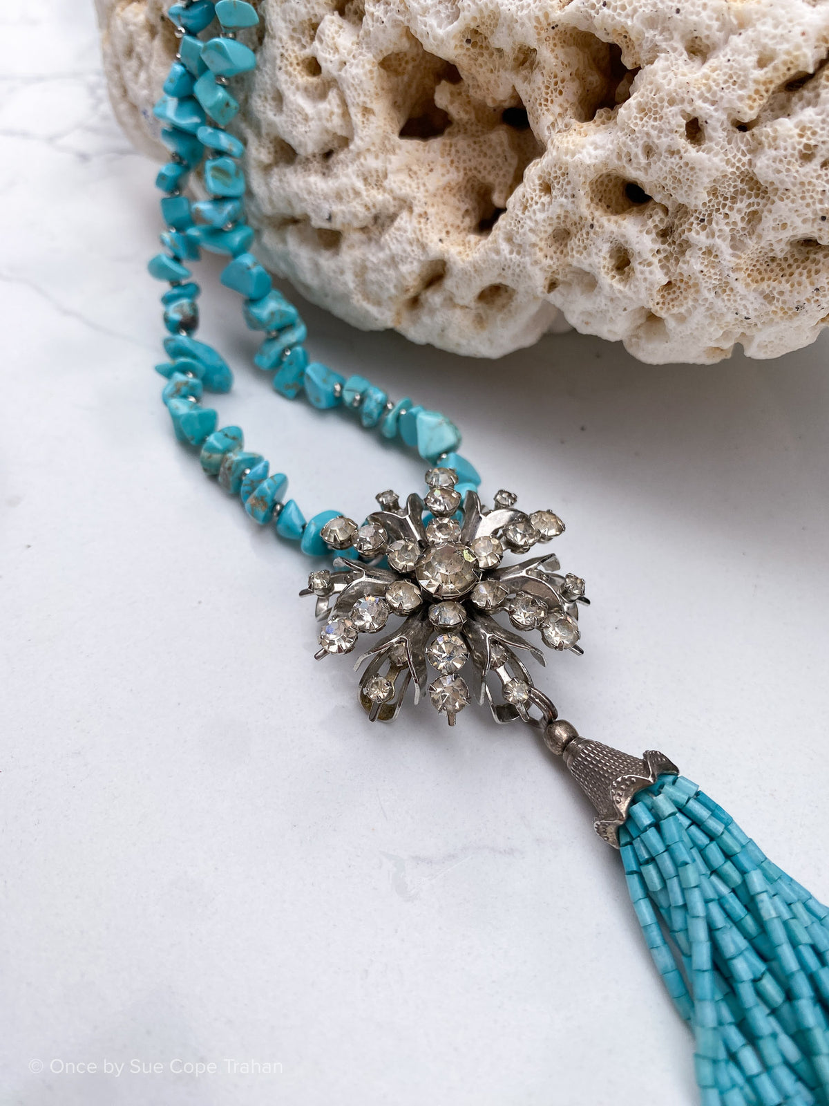 Turquoise Tassel with Crystal Brooch