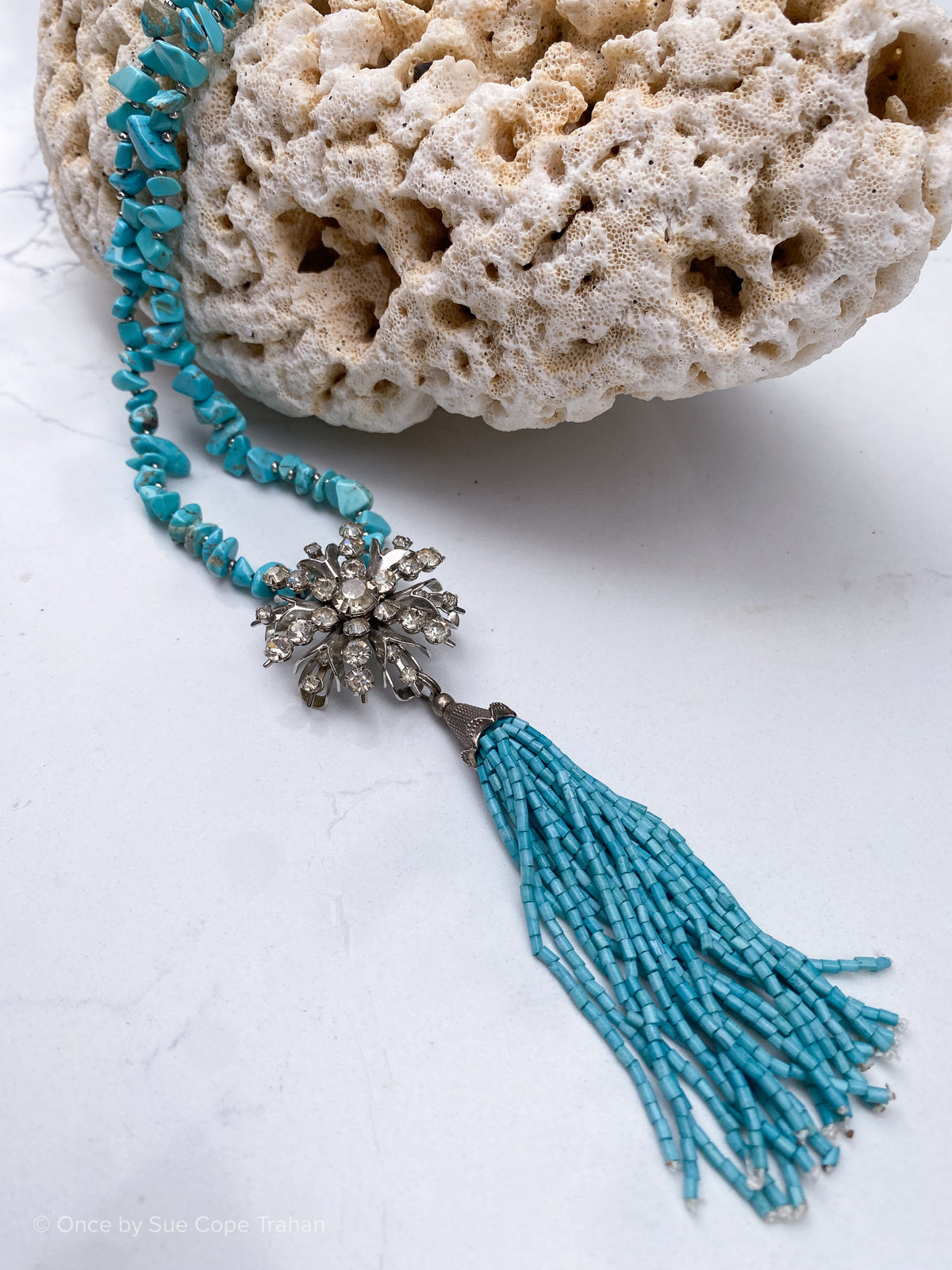 Turquoise Tassel with Crystal Brooch