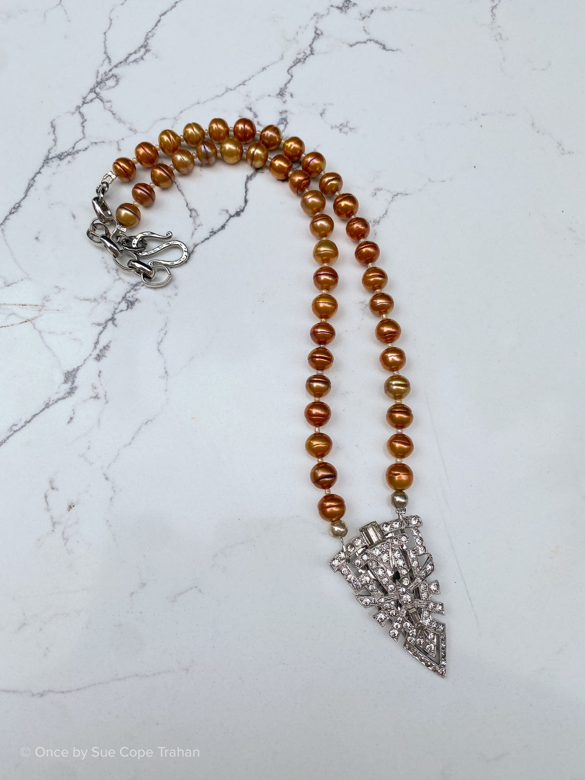 Deco Rhinestone Pendant with Amber Freshwater Pearls