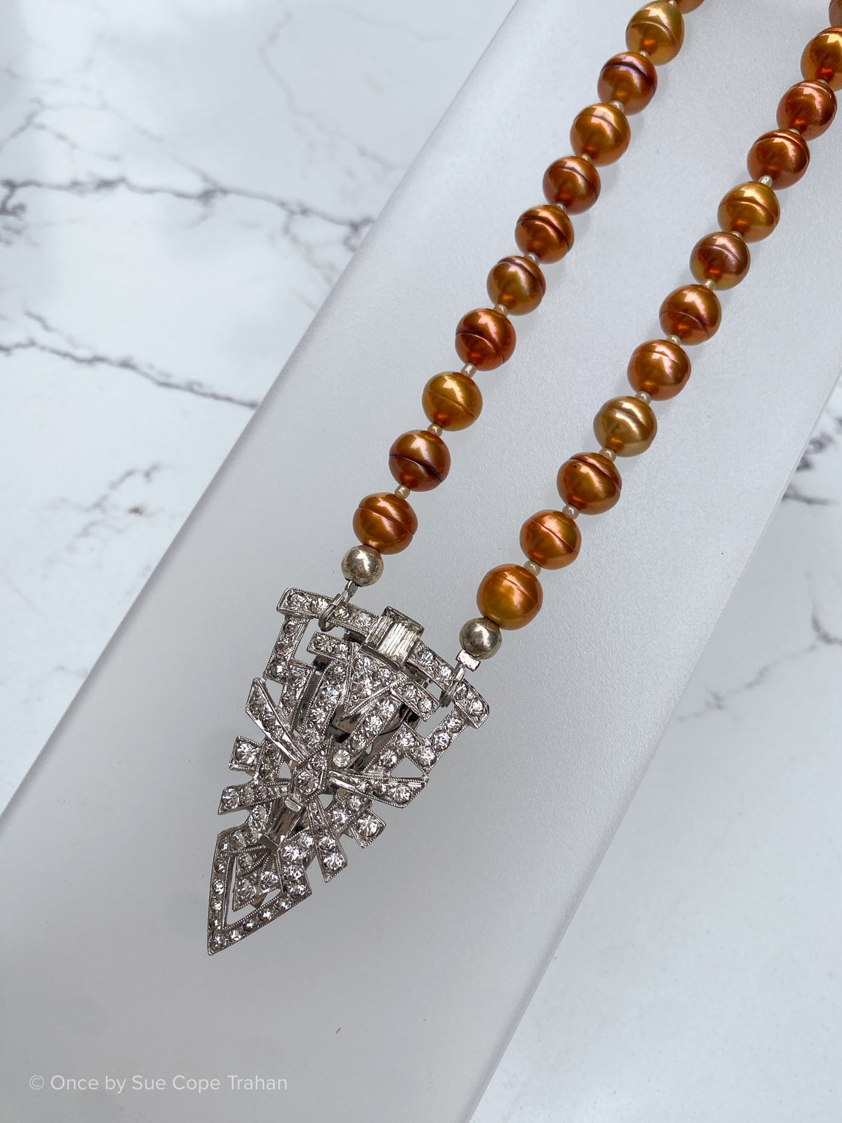 Deco Rhinestone Pendant with Amber Freshwater Pearls