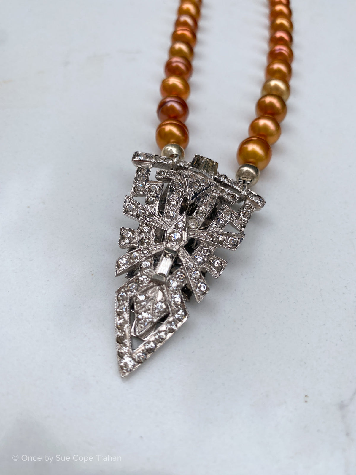 Deco Rhinestone Pendant with Amber Freshwater Pearls