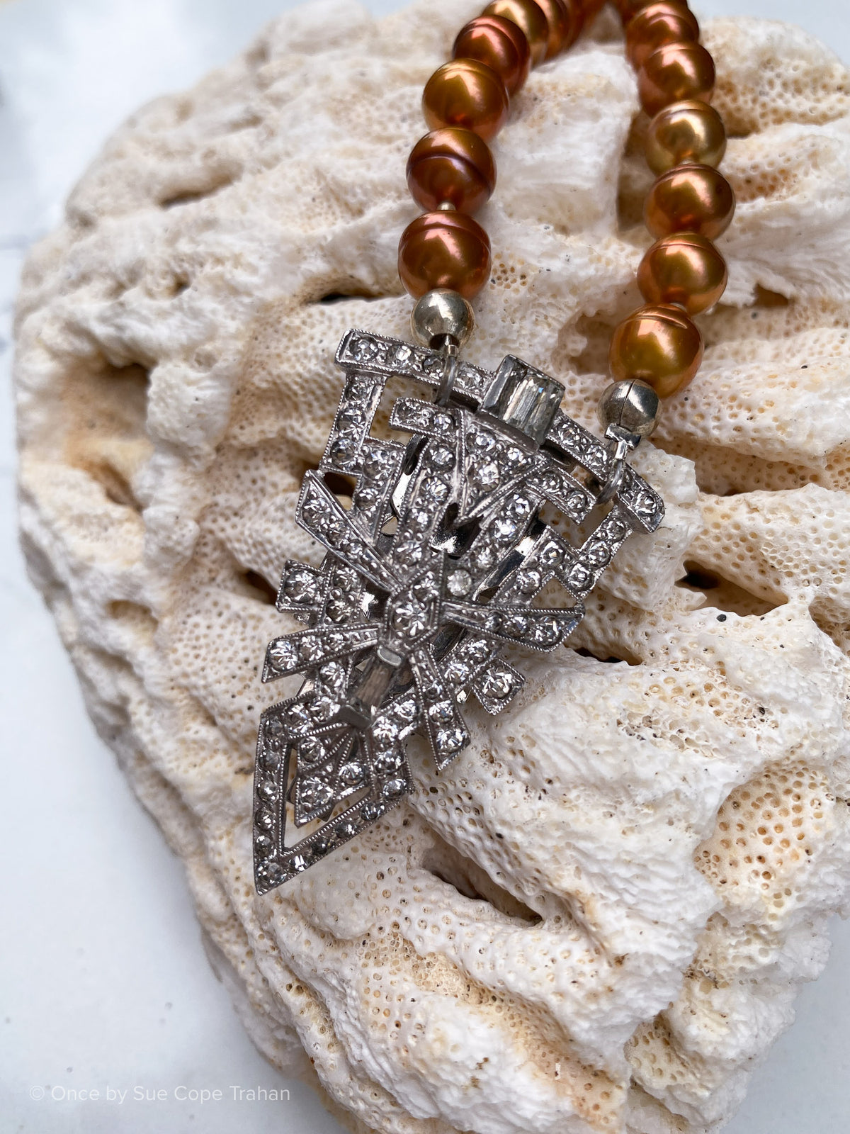 Deco Rhinestone Pendant with Amber Freshwater Pearls