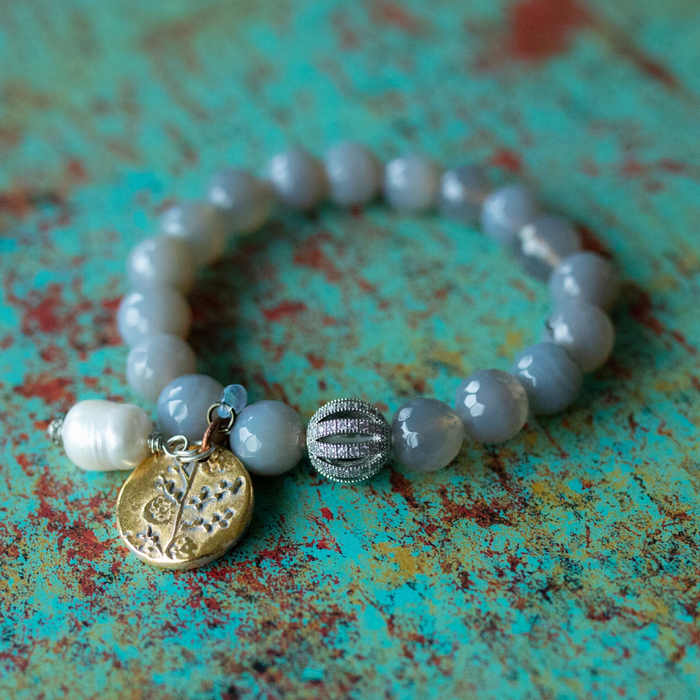 Grey Agate Bracelet with Pearl Charm