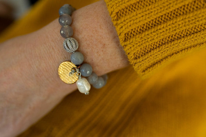 Grey Agate Bracelet with Pearl Charm
