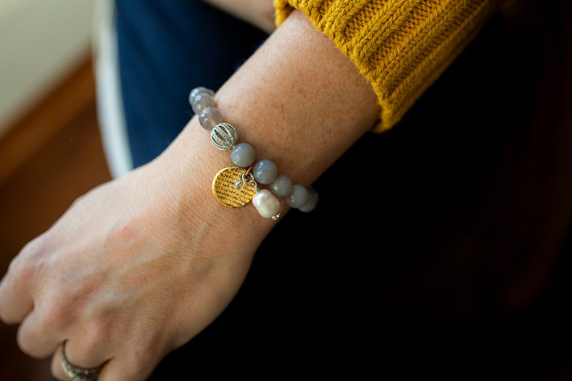 Grey Agate Bracelet with Pearl Charm