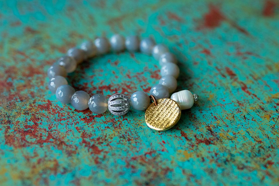 Grey Agate Bracelet with Pearl Charm