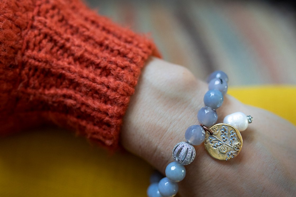 Grey Agate Bracelet with Pearl Charm