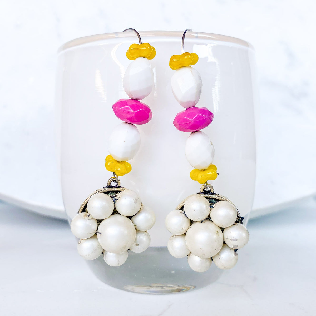 Vintage Bloom Earrings in Pink, Yellow & White No. 3